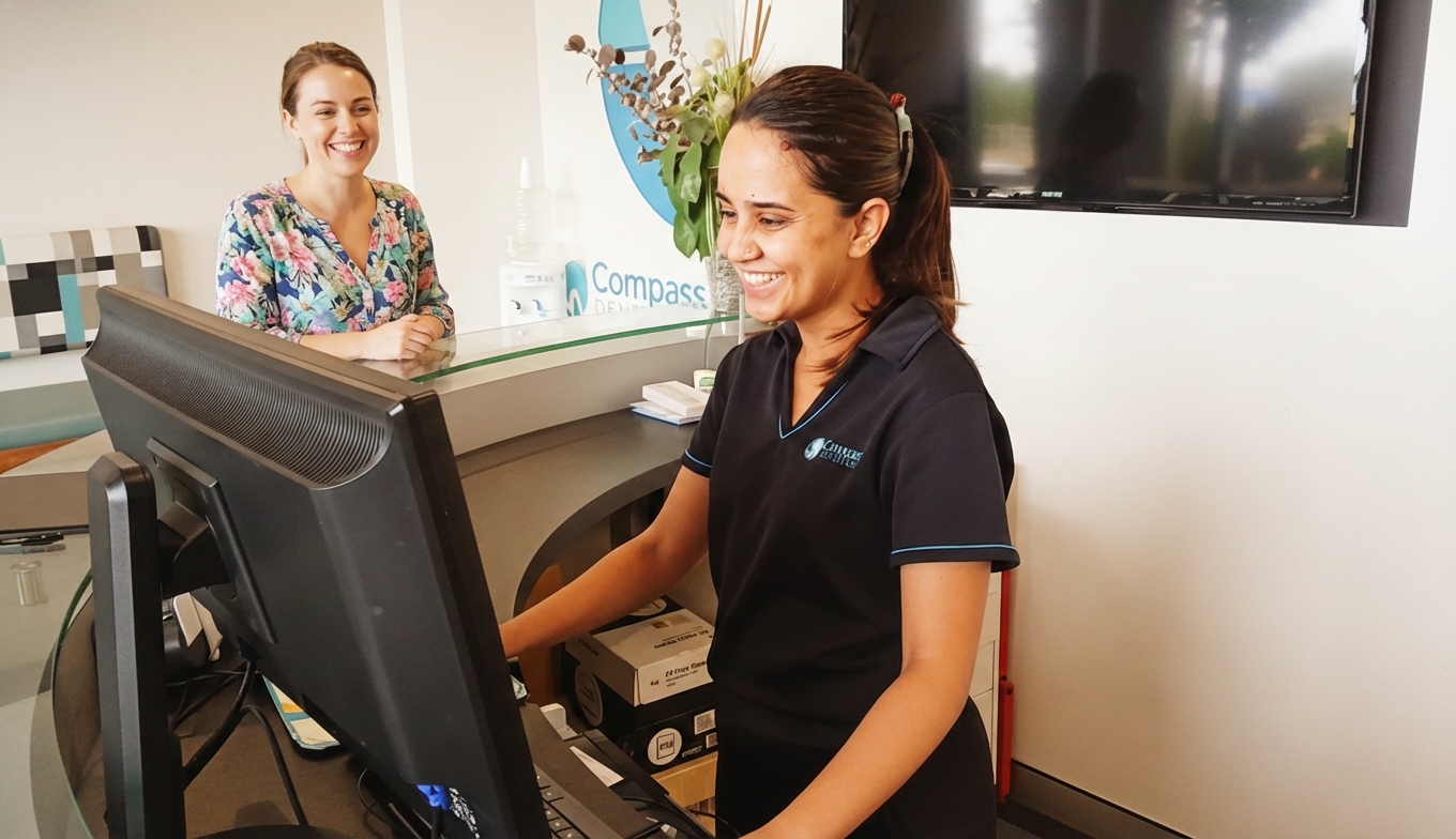 A patient chatting comfortably with the team at Compass Dental Care